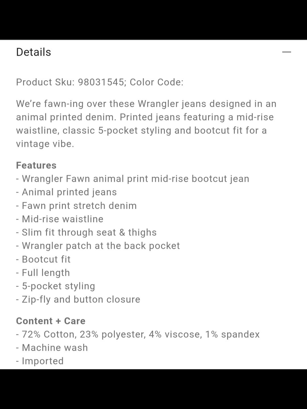 Wrangler Fawn Animal Print Mid-Rise Bootcut Jean - Picture 8 of 8